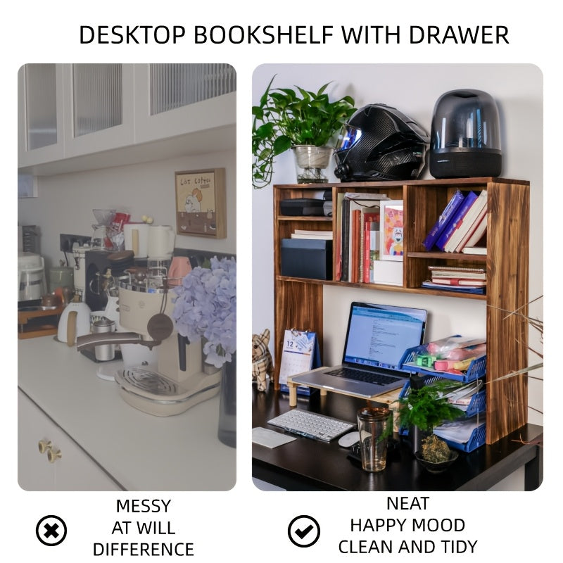 Sturdy New Zealand Pine Desktop Bookshelf - Rustic Natural Wood Finish, Multi-Compartment Organizer for Office, Dorm & Home Use, Easy Assembly