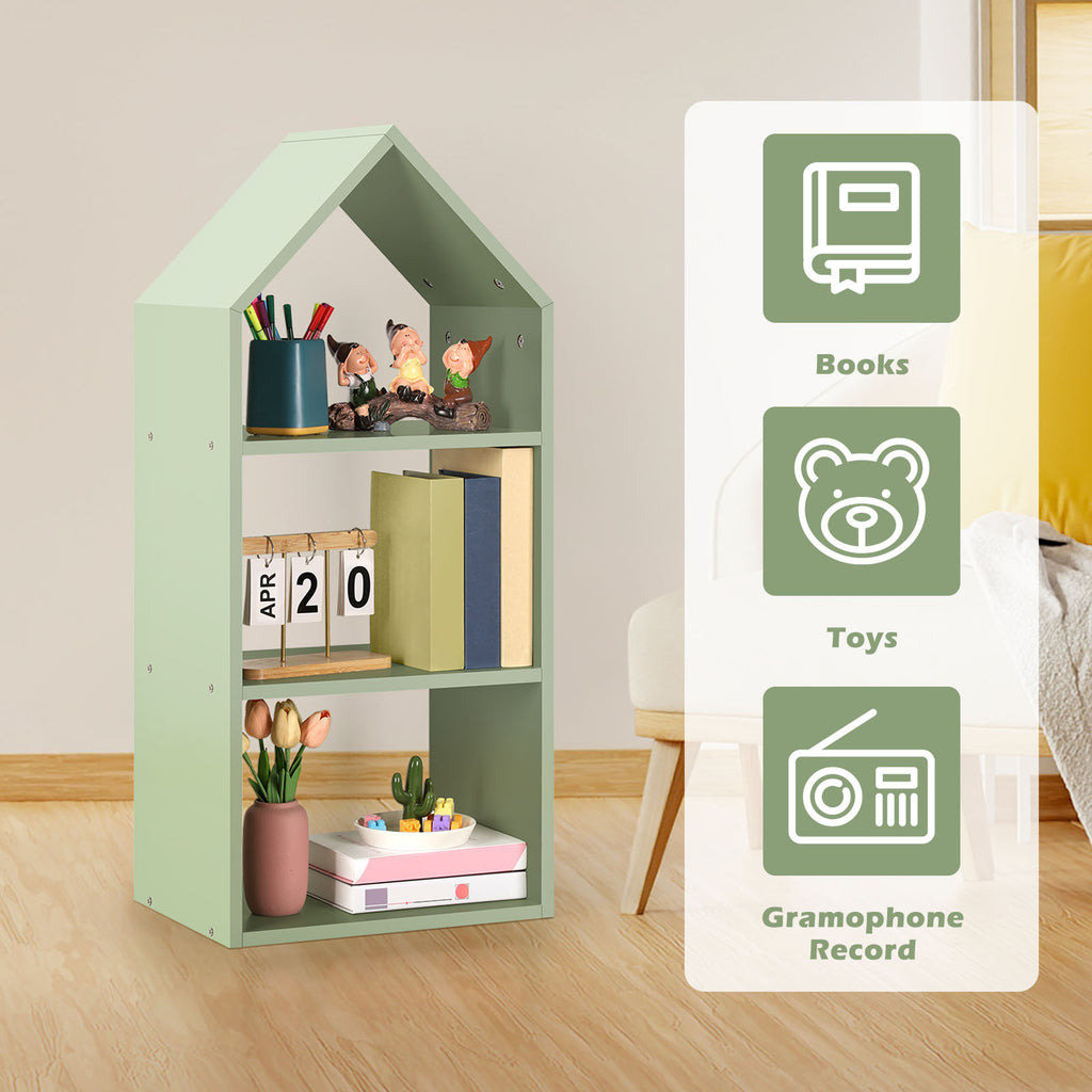 Green Triangle House Bookcase. Family Bookshelf, Toy Triple Organizer. Picture Bookshelf, Multi-tier Organizer. Short Bookshelf, Living Room Bookshelf, Reading Bookshelf., Standing Shelf