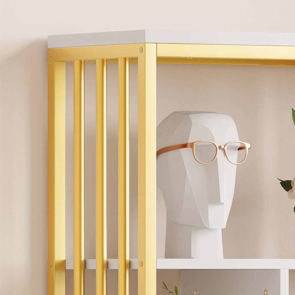 Bookshelf And Bookcase with Storage Cabinet And 2 Drawers, White And Golden Bookshelf, Standing 5 Tiers Book Shelves Display Rack with Doors for Bedroom Living Room Office, Golden