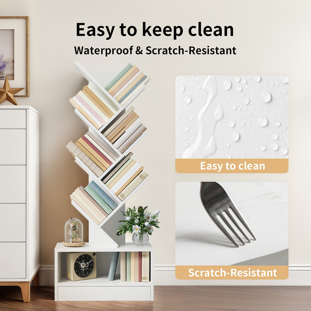 8-Tier Tall Wood Bookshelf with Drawer - Freestanding Vertical Space-Saving Design, Tip-Resistant Sturdy Wood Construction, 27\