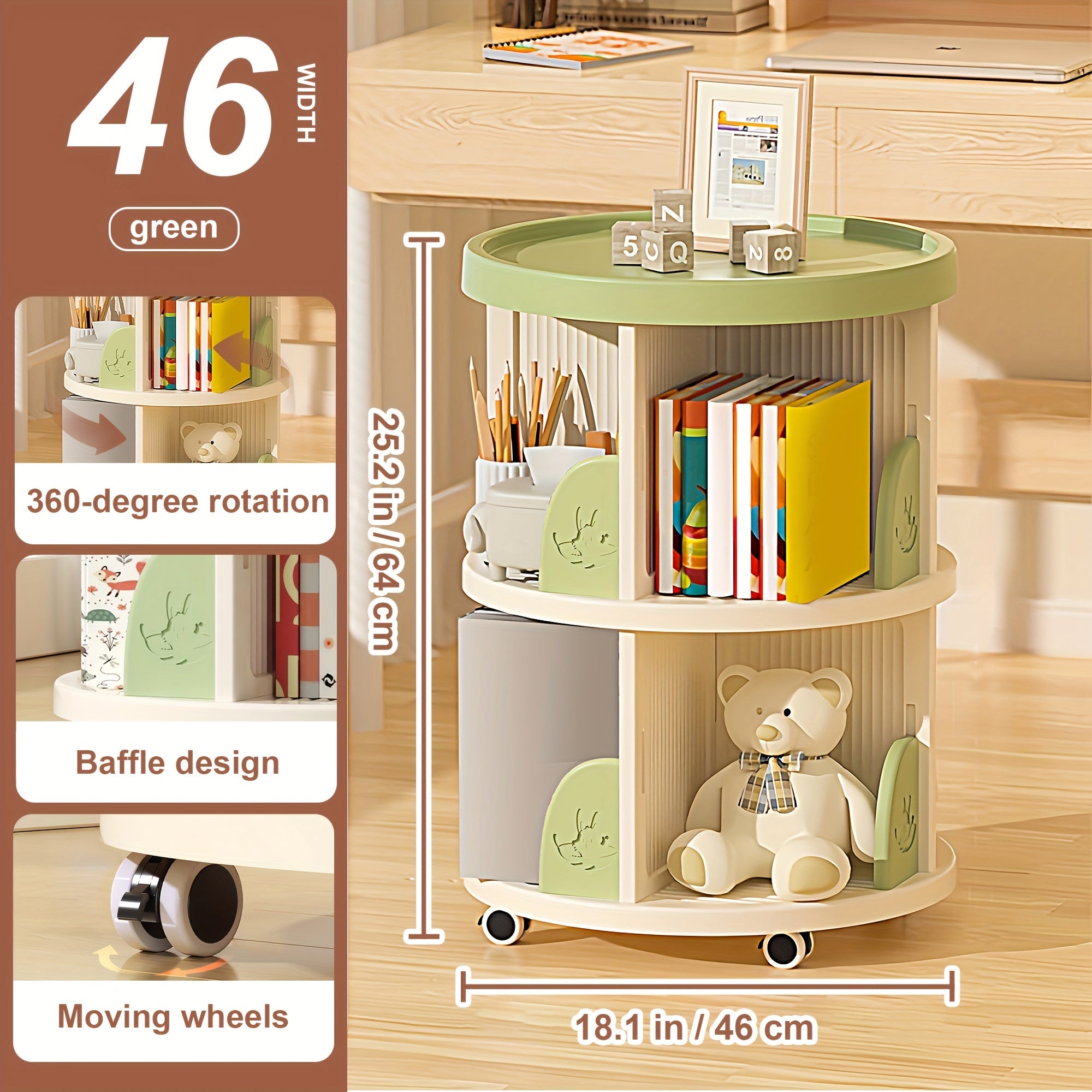 2\u002F3 Layer Swivel Bookshelves, 360° Rotatable Plastic Display Stands, Space Saving Design - Home Storage Shelf, Green\u002FBrown, Storage Shelf for Study, Bedroom, Living Room, Library, Etc.