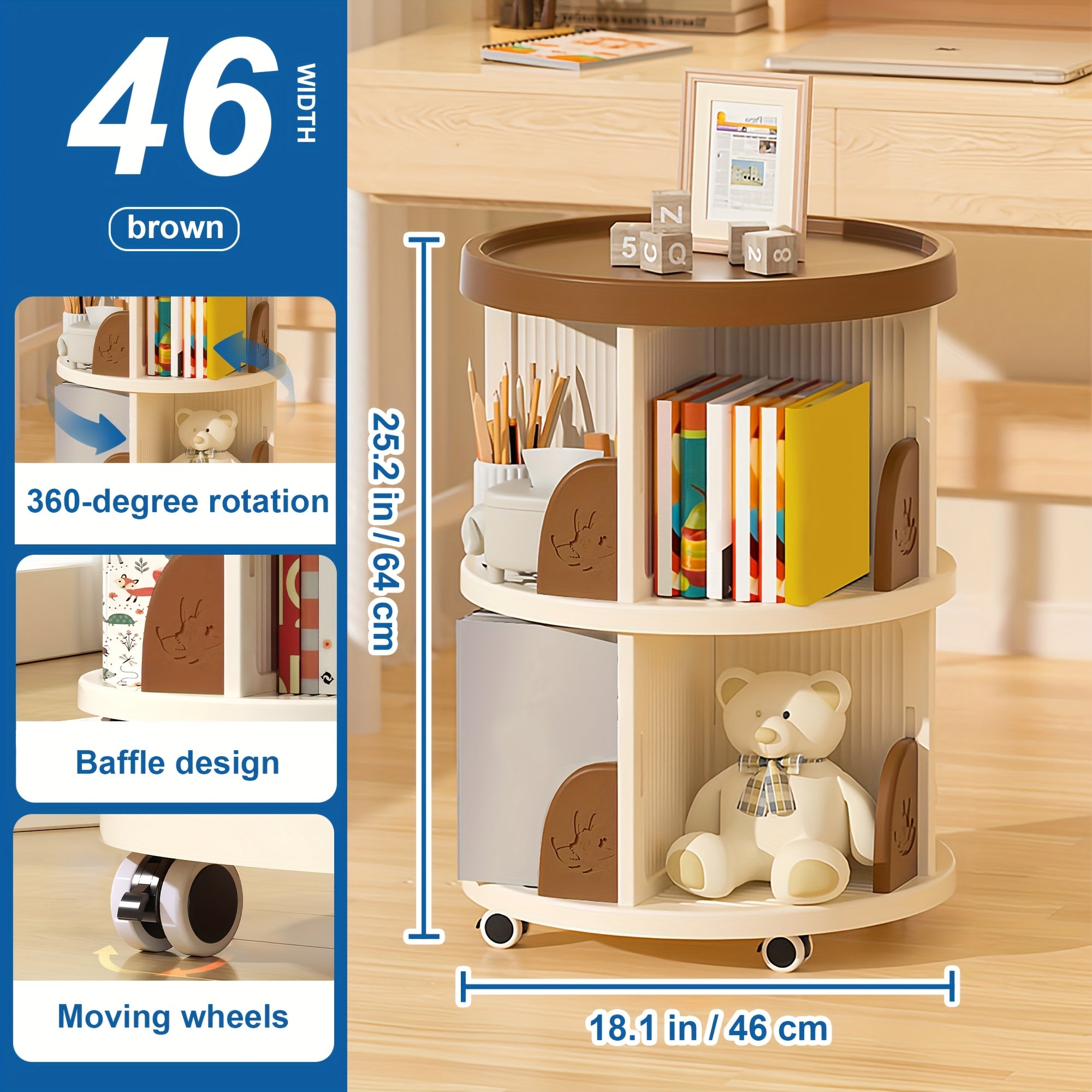 1pc Movable Bookcase, 2\u002F3 Tier Tableside Bookcase, Floor Desk Trolley On Wheels, Durable Book Storage Rack, Office School Supplies Storage Shelf, Green\u002FBrown, Suitable for Pencil Holder, Textbooks, Document Storage, Office Supplies Storage