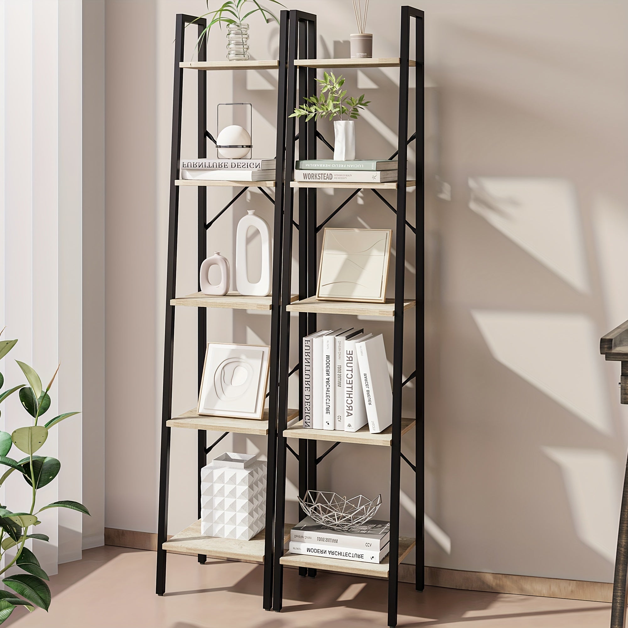 5-Tier Ladder Shelf, Narrow Bookshelf, Corner Storage Shelves, Freestanding Bookcase with 2 Hooks for Home Office, Living Room, Kitchen, Bedroom, Industrial, Greige and Black, Black, Utility Racks