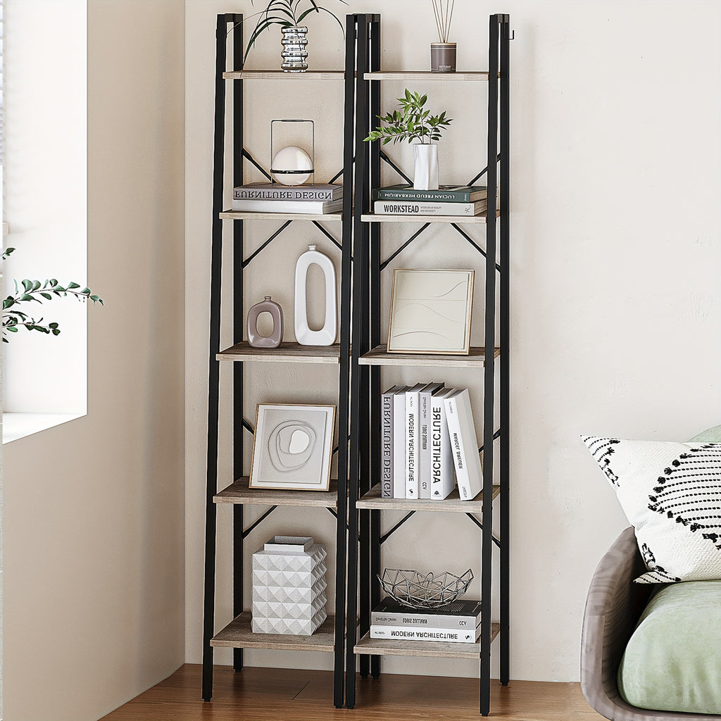 5-Tier Ladder Shelf, Narrow Bookshelf, Corner Storage Shelves, Freestanding Bookcase with 2 Hooks for Home Office, Living Room, Kitchen, Bedroom, Industrial, Greige and Black, Black, Utility Racks