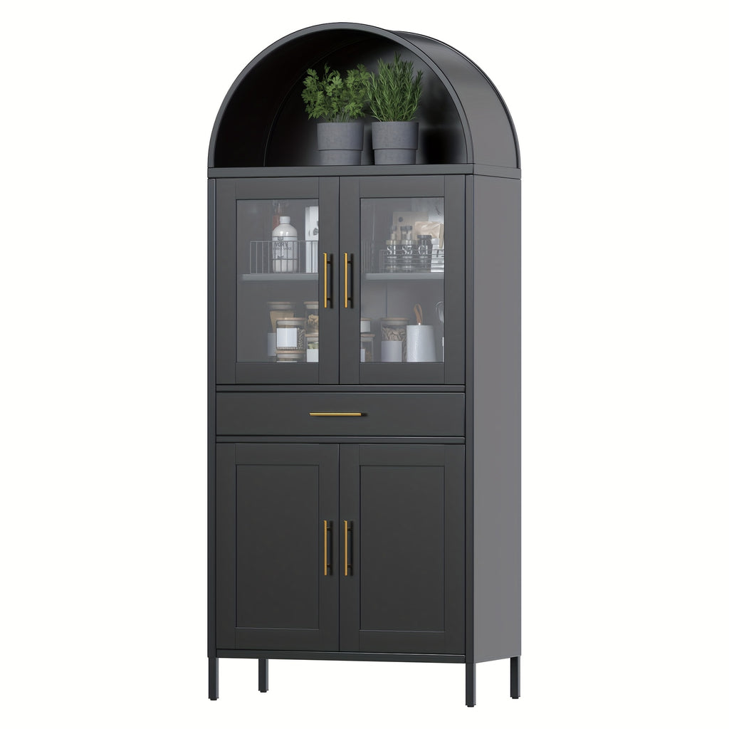Arched Metal Storage Cabinet, Arched Display Case, Bookcase, Glass Door, Drawer, Suitable for Bathroom, Home, Office, Assembly Required (Black, White)