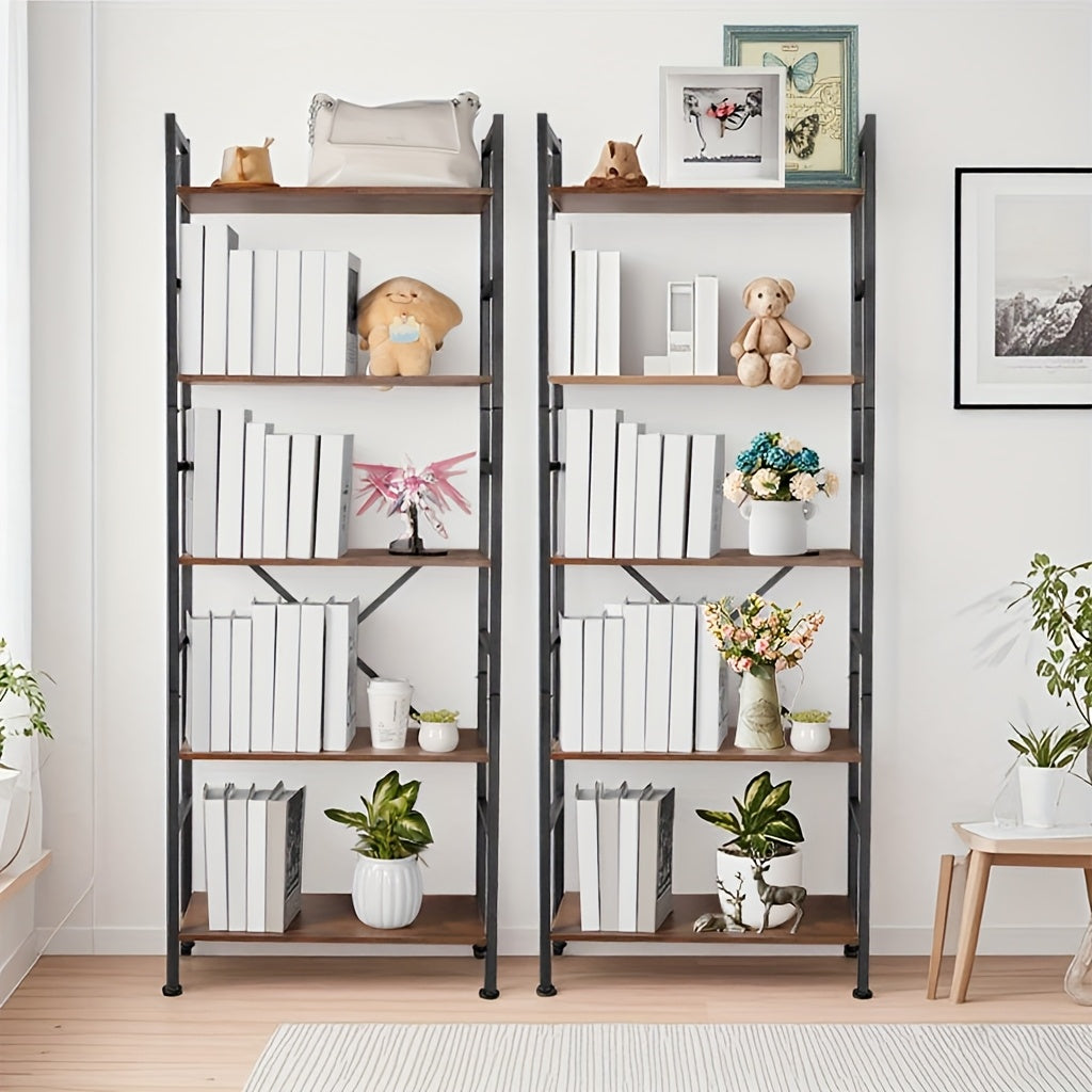 Five Layer Industrial Style Bookshelf - Retro Brown And Black Metal Frame, Stable Design, High-quality Scratch Resistant, Easy To Clean, Suitable For Offices, And Study Rooms - Easy To Assemble