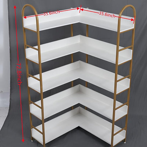 1pc Contemporary 5-Tier Lockable Metal Corner Bookshelf, Floor Mount Storage Rack with Back, No Electricity Needed, White and Golden, Storage Cabinets