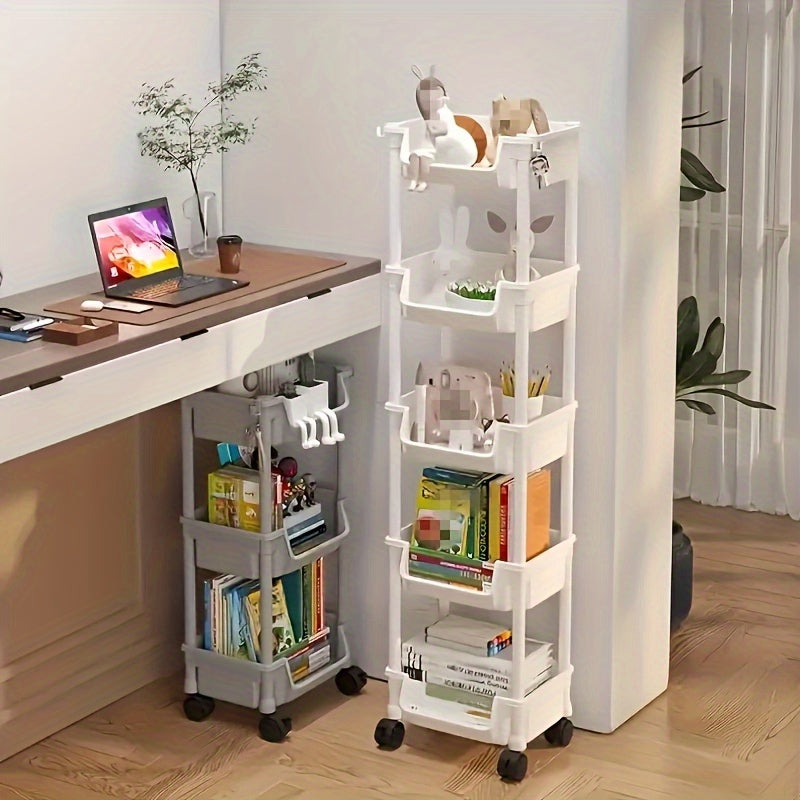5-Tier Rolling Bookshelf with Wheels - Easy Assembly Plastic Storage Rack for Books, Tools & Household Items - Perfect for Bedroom, Bathroom, Kitchen & Living Room, Utility Shelves