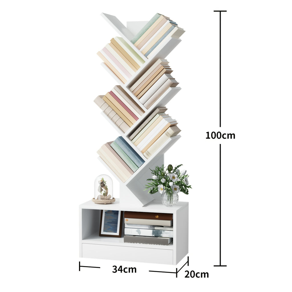8-Tier Tall Wood Bookshelf with Drawer - Freestanding Vertical Space-Saving Design, Tip-Resistant Sturdy Wood Construction, 27\