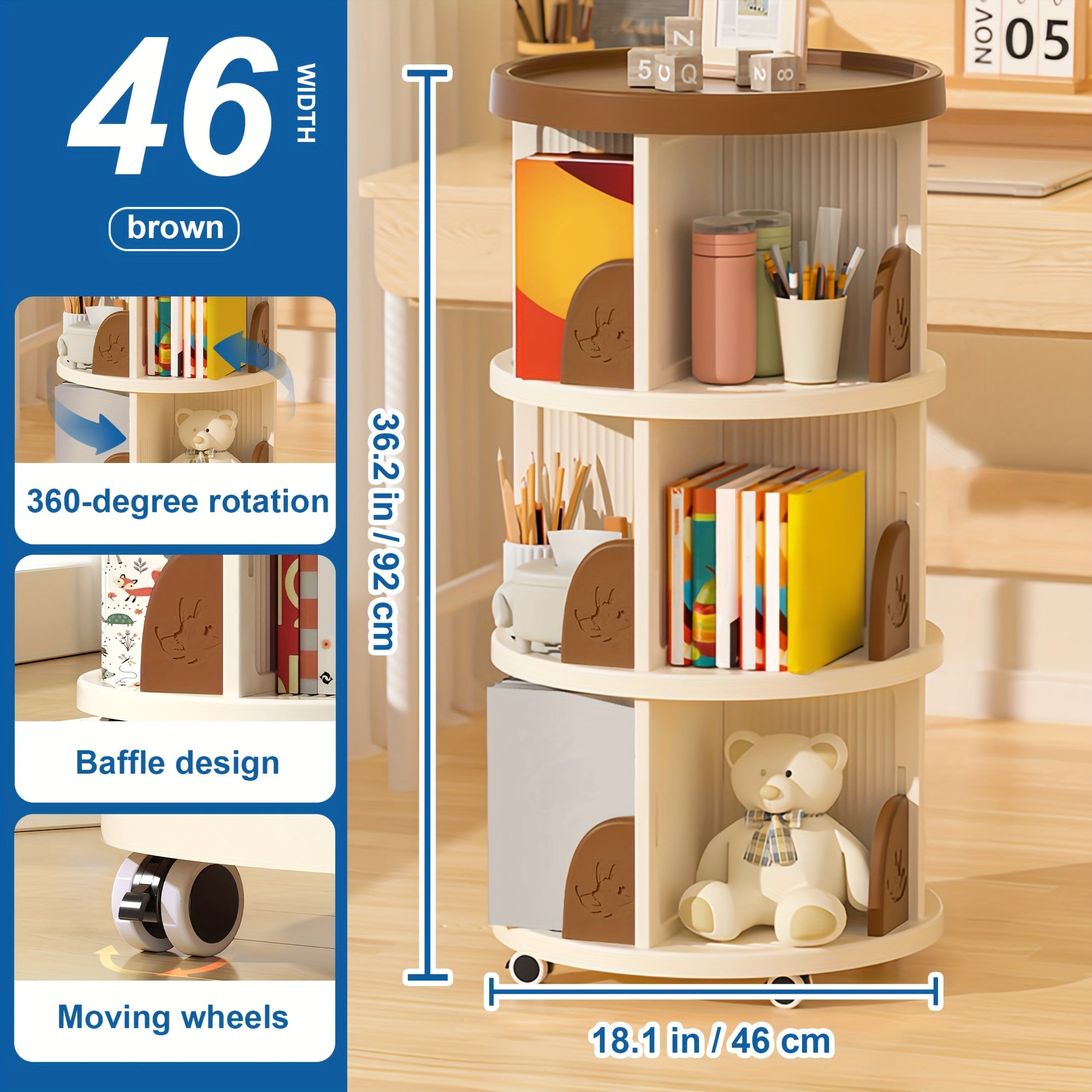 1pc Movable Bookcase, 2\u002F3 Tier Tableside Bookcase, Floor Desk Trolley On Wheels, Durable Book Storage Rack, Office School Supplies Storage Shelf, Green\u002FBrown, Suitable for Pencil Holder, Textbooks, Document Storage, Office Supplies Storage