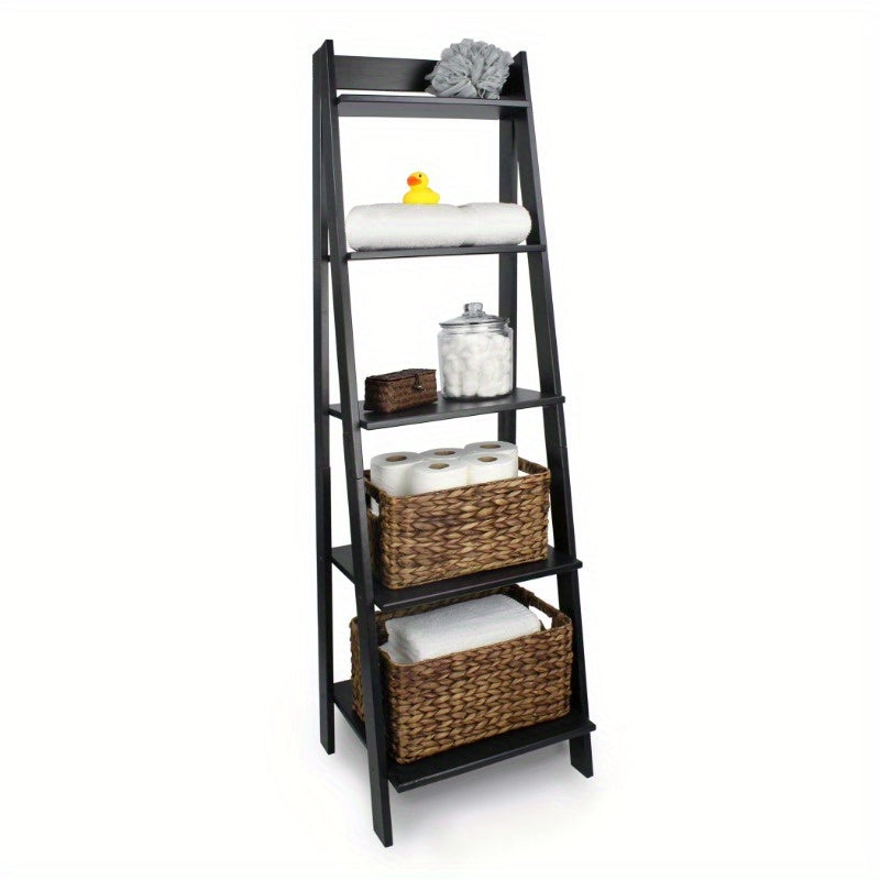 Solid Wood 5-Shelf Ladder Bookcase - Modern Black Bookshelf with Sturdy A-Frame Design, Space-Saving Vertical Storage for Home Office, Living Room, Dorm - Easy Assembly, Compact Bookcase for Small Spaces (Assembled Height \u003C27\