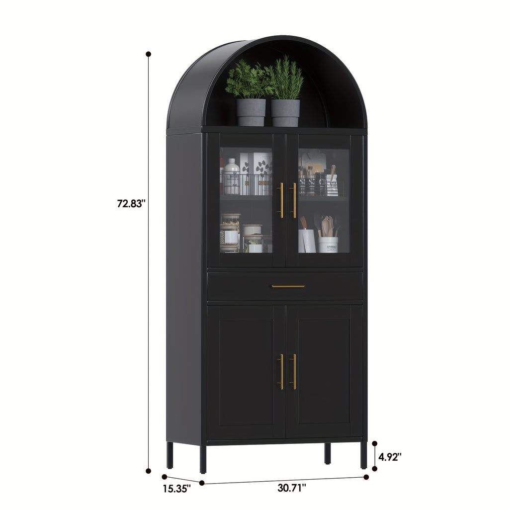Arched Metal Storage Cabinet, Arched Display Case, Bookcase, Glass Door, Drawer, Suitable for Bathroom, Home, Office, Assembly Required (Black, White)
