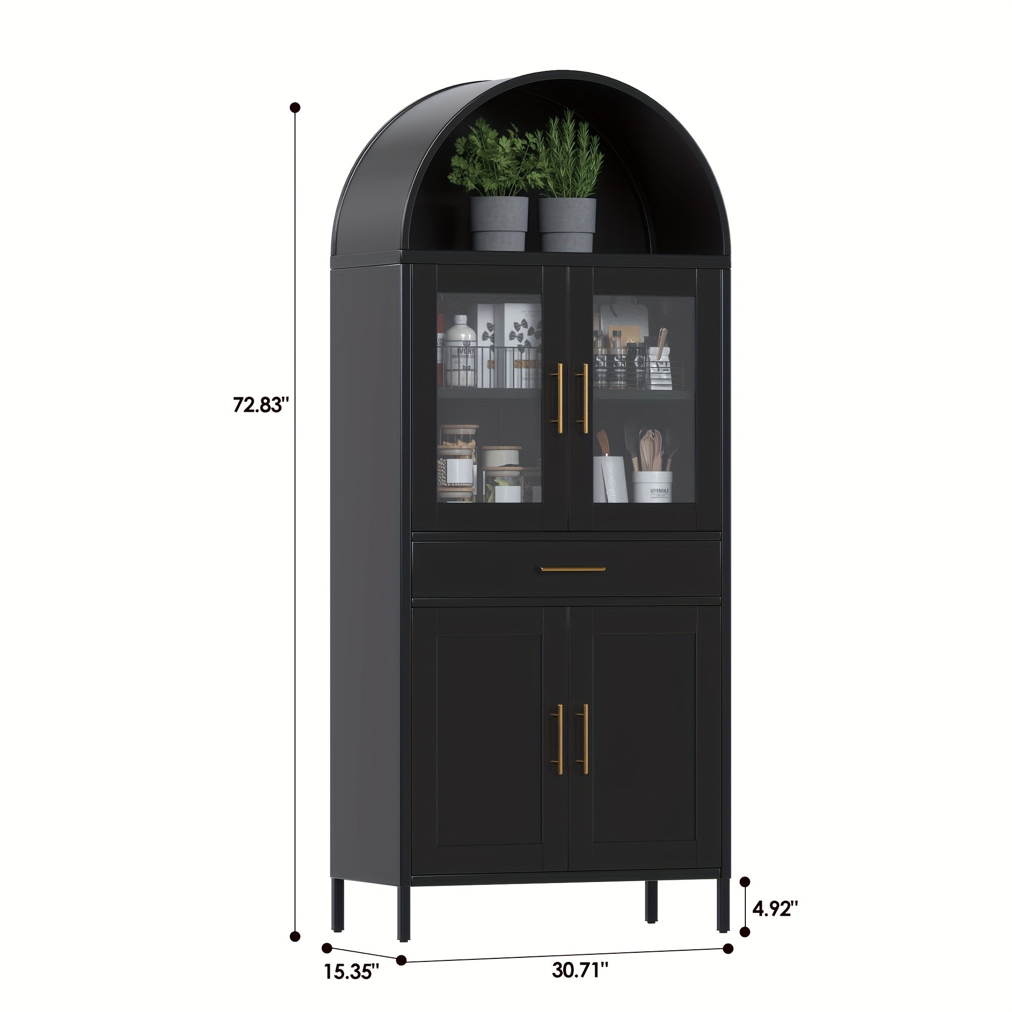 Arched Metal Storage Cabinet, Arched Display Case, Bookcase, Glass Door, Drawer, Suitable for Bathroom, Home, Office, Assembly Required (Black, White)