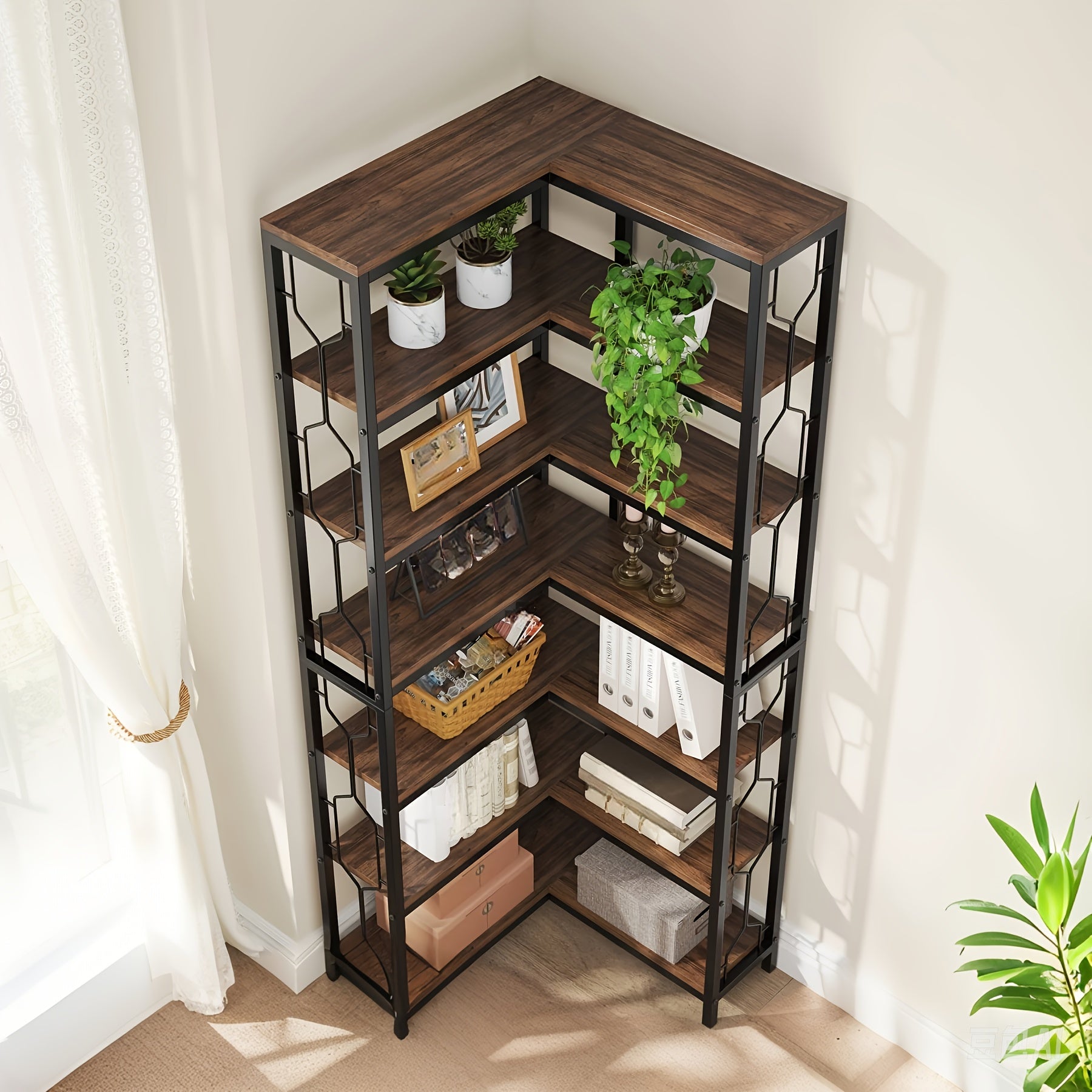 7-Tier Industrial Corner Bookshelf - Black Metal Frame, Space-Saving Design, Easy Assembly, Versatile Storage for Living Room or Office, Durable Particle Board & Metal Construction, Bookshelf Decorations