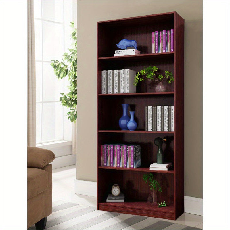 5-Shelf Plastic Bookcase Display Cabinet with Mahogany Finish & Bottom Front Molding - Classic Freestanding Storage Unit, 27\