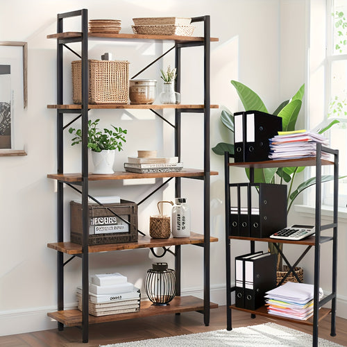 3-Tier\u002F5-Tier Metal Bookshelf - Rustic Brown Modern Classic Design, 27\