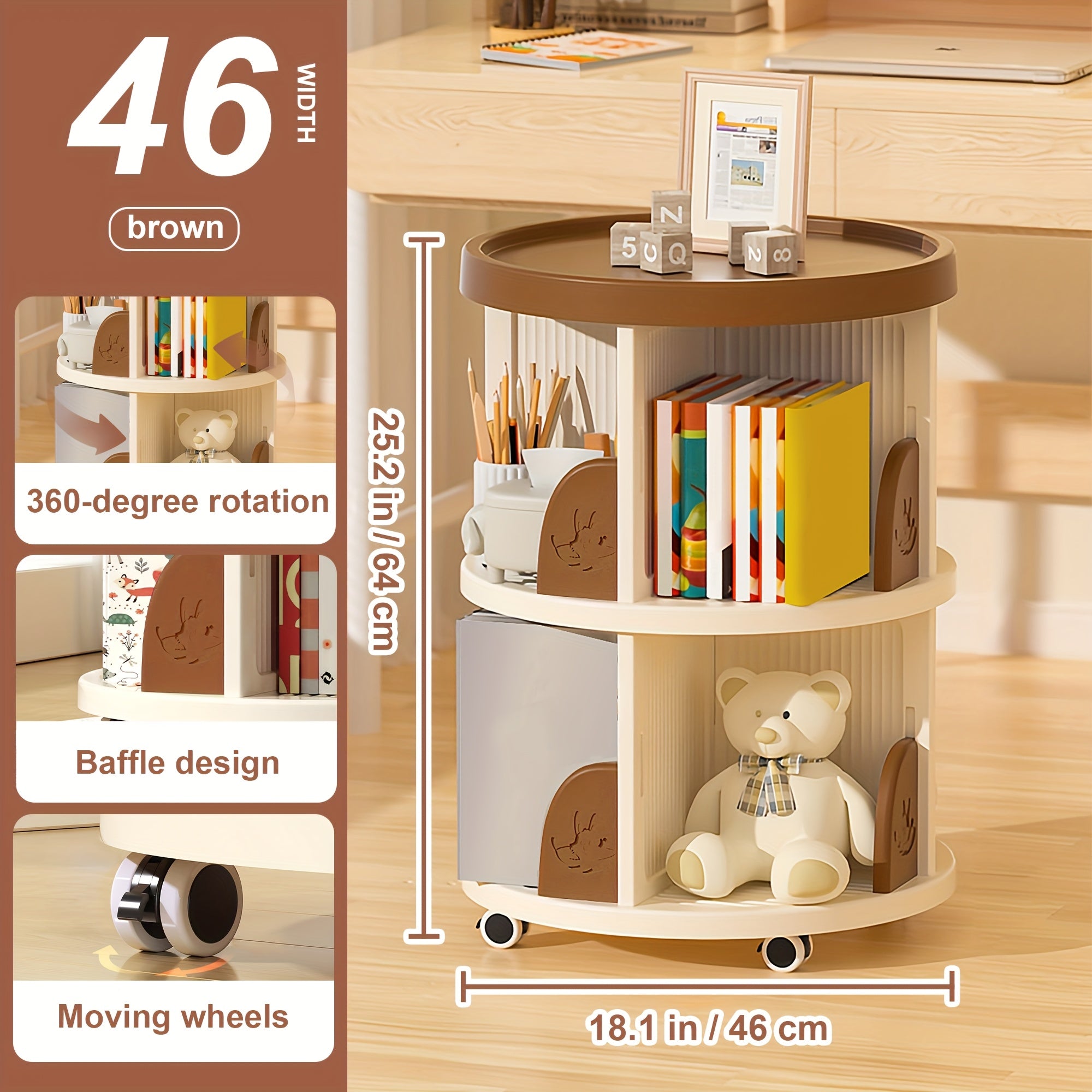 2\u002F3 Layer Swivel Bookshelves, 360° Rotatable Plastic Display Stands, Space Saving Design - Home Storage Shelf, Green\u002FBrown, Storage Shelf for Study, Bedroom, Living Room, Library, Etc.