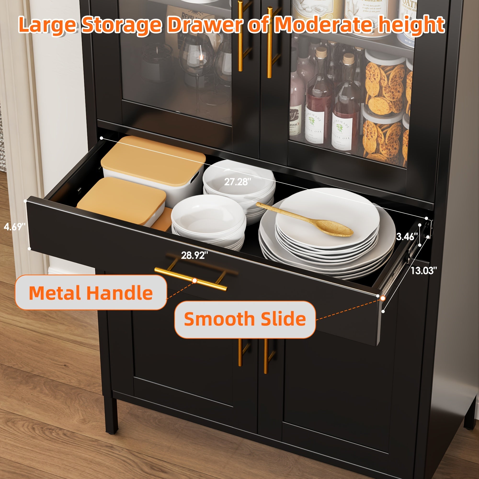 Arched Metal Storage Cabinet, Arched Display Case, Bookcase, Glass Door, Drawer, Suitable for Bathroom, Home, Office, Assembly Required (Black, White)