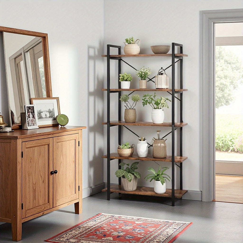 3-Tier\u002F5-Tier Metal Bookshelf - Rustic Brown Modern Classic Design, 27\