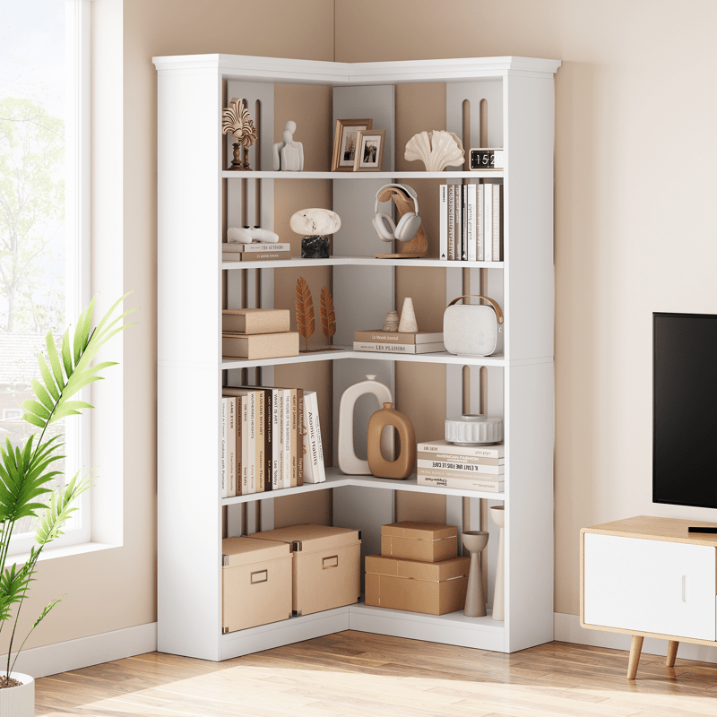 Cabihome 72. 8 Inch L-Shaped Corner Bookcase, 5-Layer Large Modern Bookshelf, Vertical Bookcase, Floor-standing Display Cabinet Storage Rack for Home Office, Living Room, Hallway, Study, Bedroom (White\u002F Vintage Color)