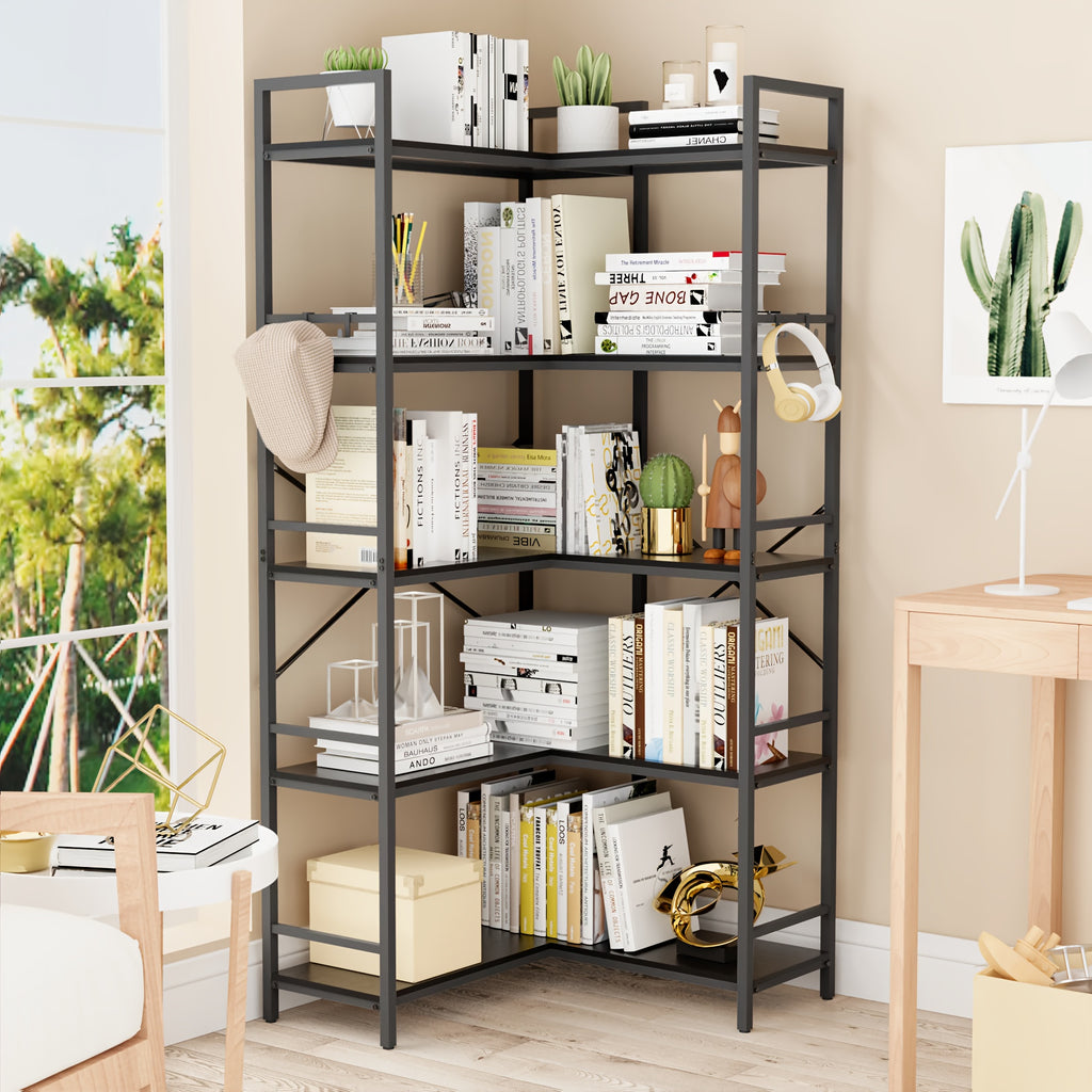 Reversible Corner Bookcase with 5 Layers, 4 Hooks, 65 Inch Industrial Style Bookcase, Suitable for Living Room