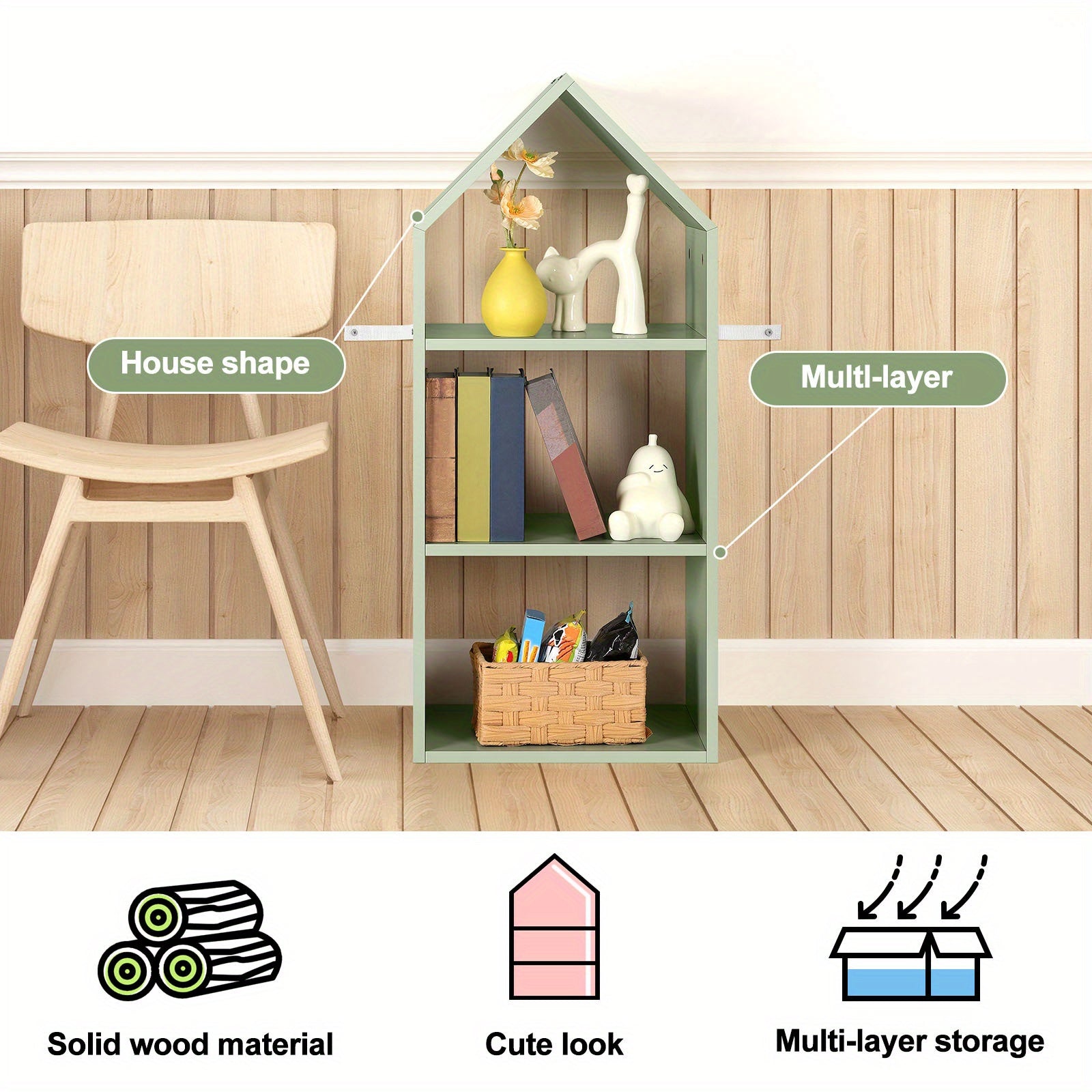 Green Triangle House Bookcase. Family Bookshelf, Toy Triple Organizer. Picture Bookshelf, Multi-tier Organizer. Short Bookshelf, Living Room Bookshelf, Reading Bookshelf., Standing Shelf