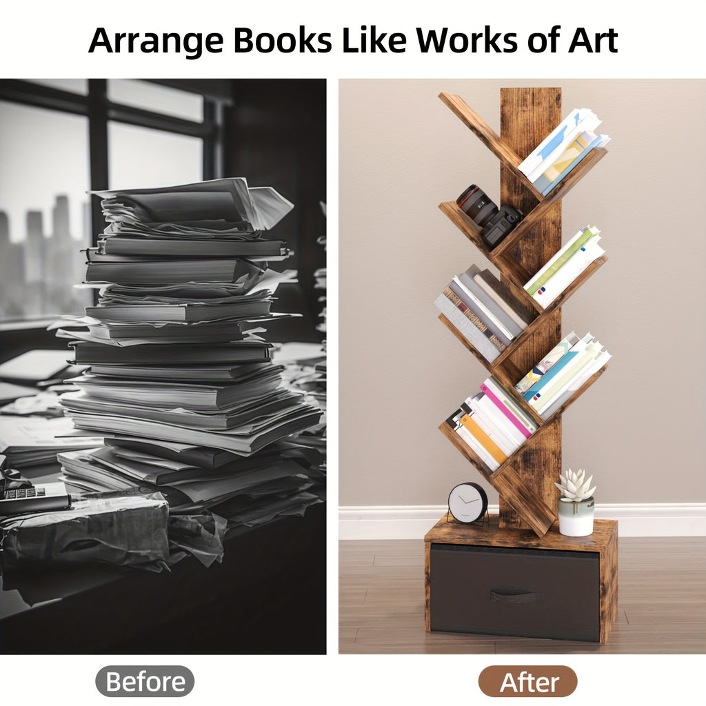 TOMNK 6 Shelf Bookshelf With Drawer, Tree Book Shelf, Bookshelves Storage Rack For CDs\u002FMovies\u002FBooks, Rustic Brown Bookcase, Provides Great Stability And Durability, For Living Room, Bedroom, Home Decor, Easy To Install, Saves Space