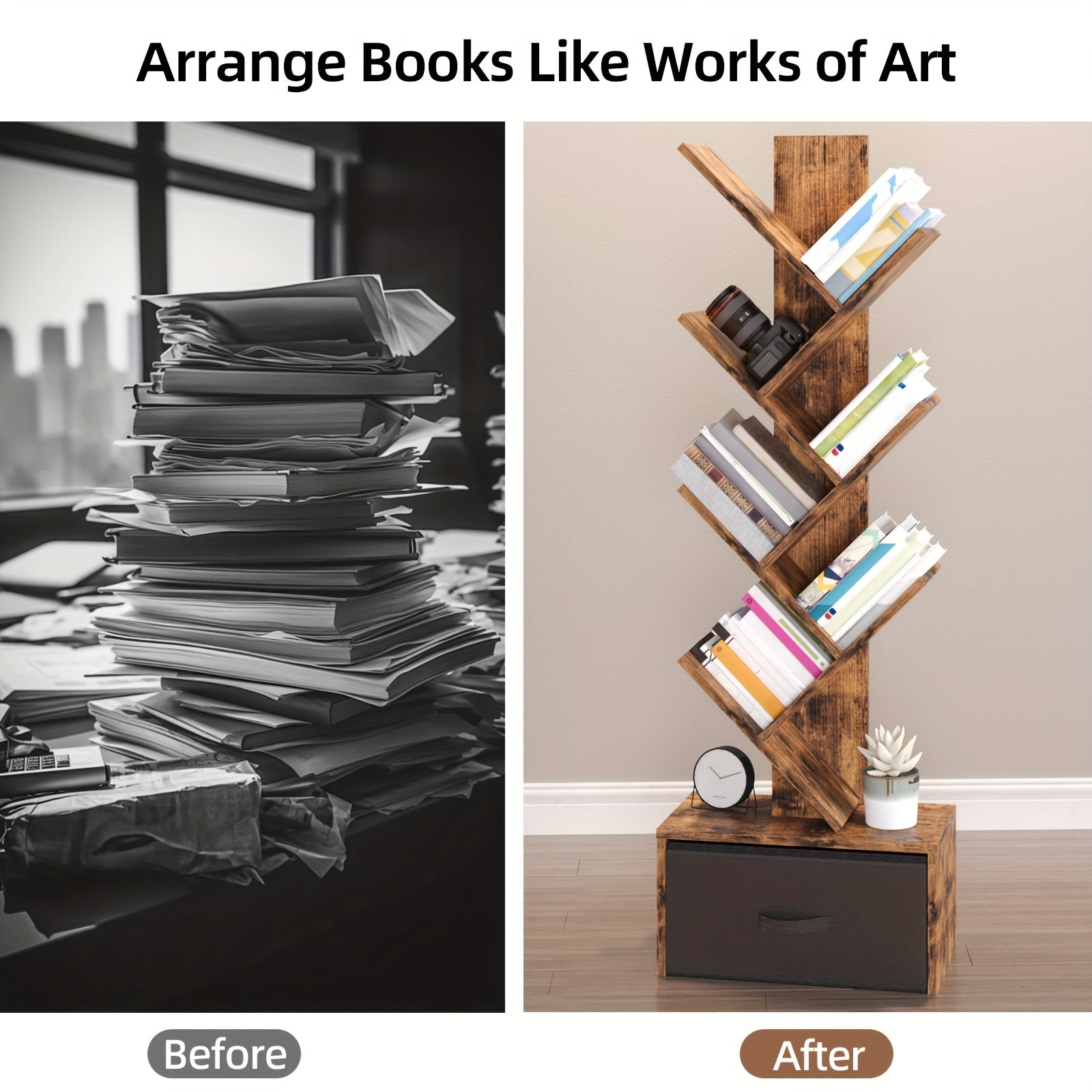 TOMNK 6 Shelf Bookshelf With Drawer, Tree Book Shelf, Bookshelves Storage Rack For CDs\u002FMovies\u002FBooks, Rustic Brown Bookcase, Provides Great Stability And Durability, For Living Room, Bedroom, Home Decor, Easy To Install, Saves Space