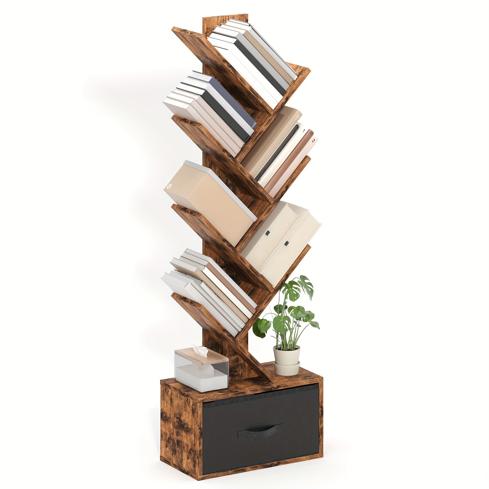 TOMNK 6 Shelf Bookshelf With Drawer, Tree Book Shelf, Bookshelves Storage Rack For CDs\u002FMovies\u002FBooks, Rustic Brown Bookcase, Provides Great Stability And Durability, For Living Room, Bedroom, Home Decor, Easy To Install, Saves Space