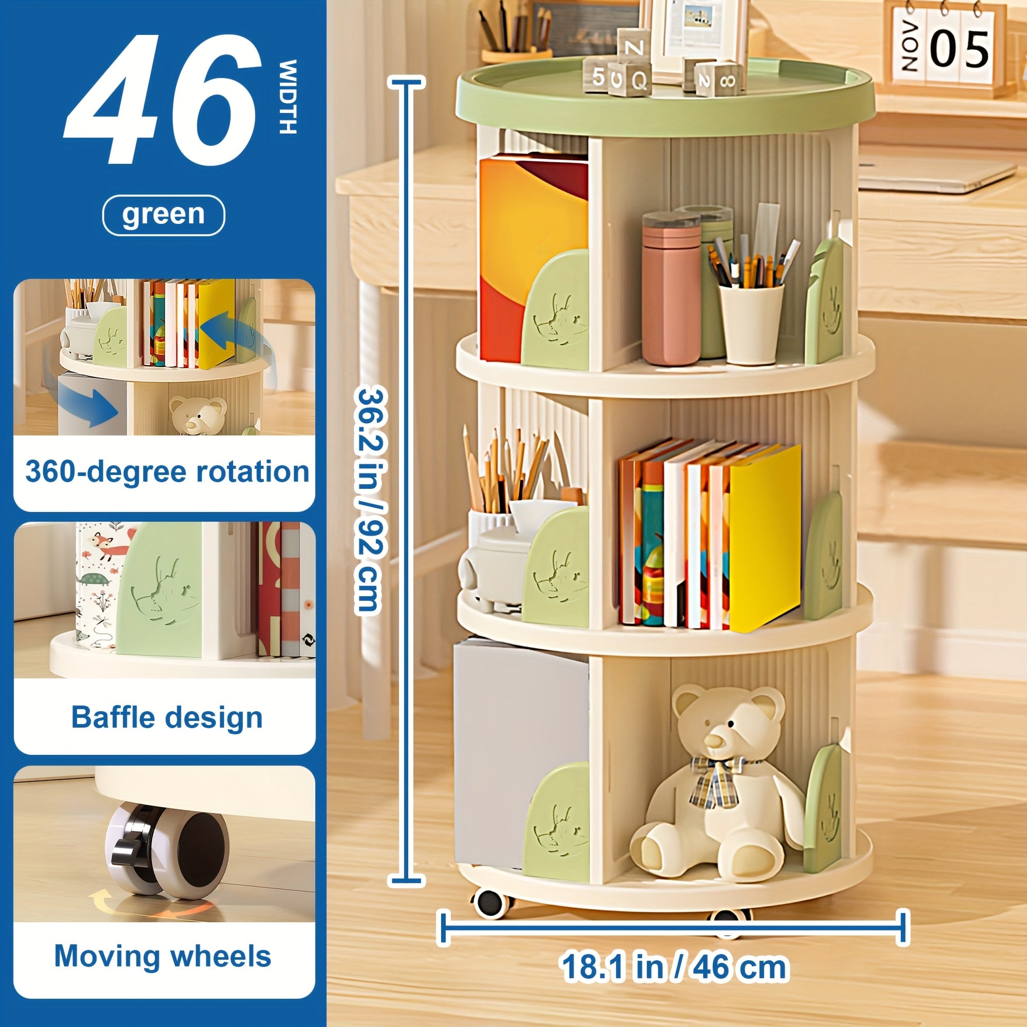 1pc Movable Bookcase, 2\u002F3 Tier Tableside Bookcase, Floor Desk Trolley On Wheels, Durable Book Storage Rack, Office School Supplies Storage Shelf, Green\u002FBrown, Suitable for Pencil Holder, Textbooks, Document Storage, Office Supplies Storage