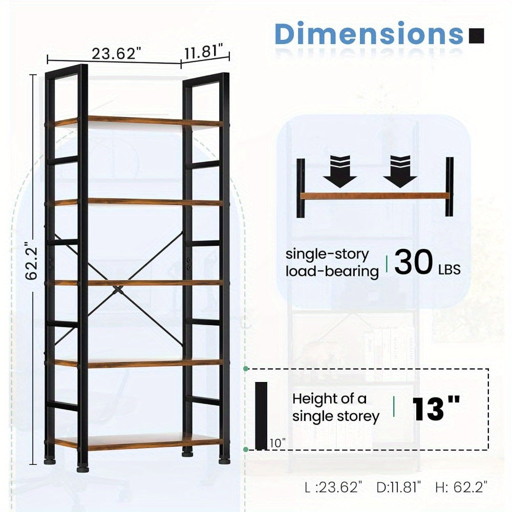 5-Story Bookcase-modern Wood And Metal Freestanding Display Stand, 27 Inch Tall Rustic Brown Storage Organizer, Suitable for Living Room, Home, Office-holds 150 Pounds, Needs Assembly, Bookcase Furnit