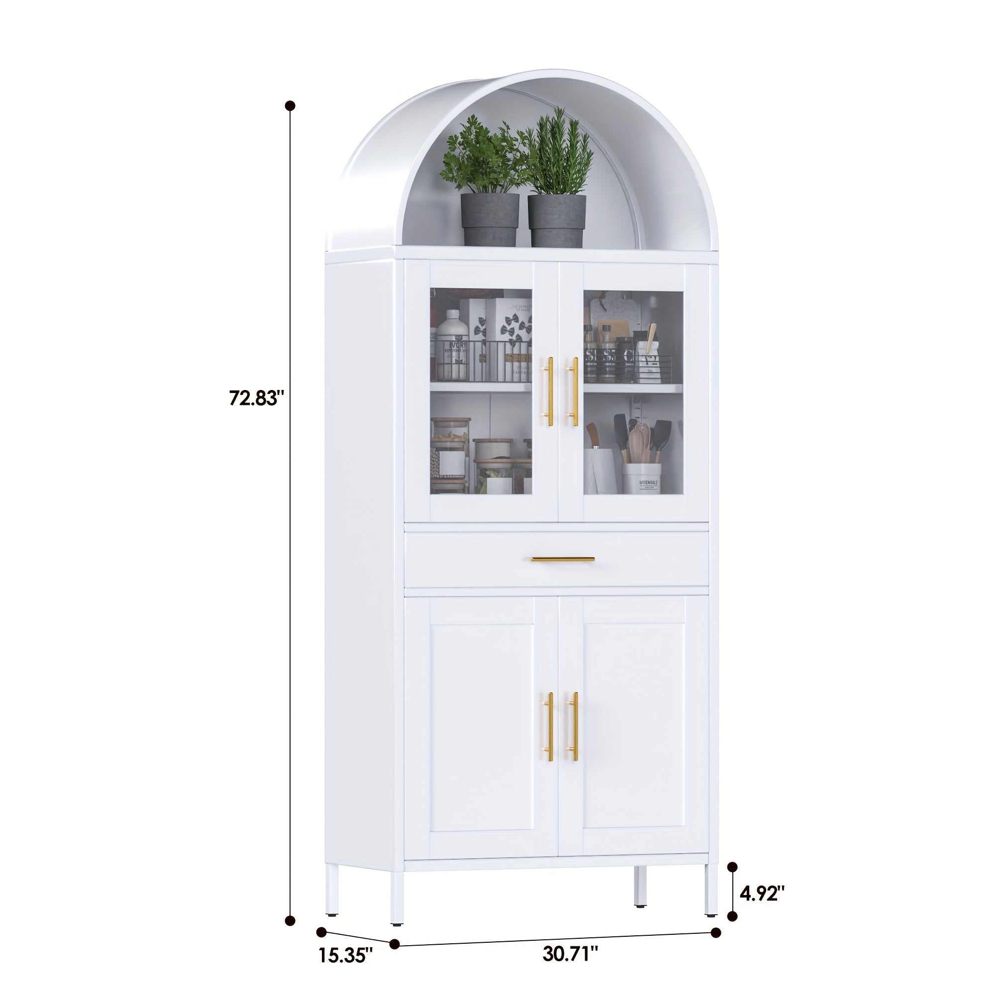 Arched Metal Storage Cabinet, Arched Display Case, Bookcase, Glass Door, Drawer, Suitable for Bathroom, Home, Office, Assembly Required (Black, White)