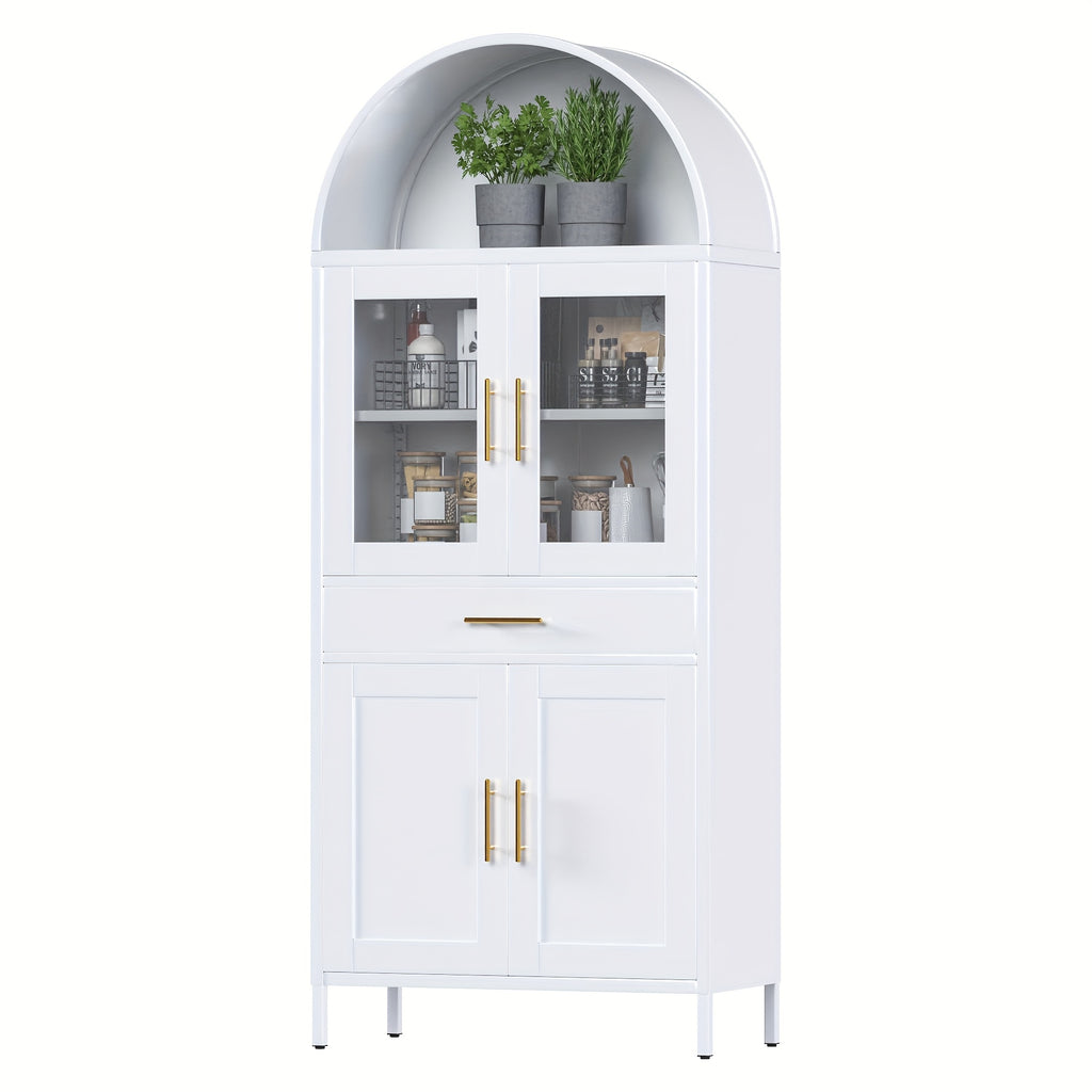 Arched Metal Storage Cabinet, Arched Display Case, Bookcase, Glass Door, Drawer, Suitable for Bathroom, Home, Office, Assembly Required (Black, White)