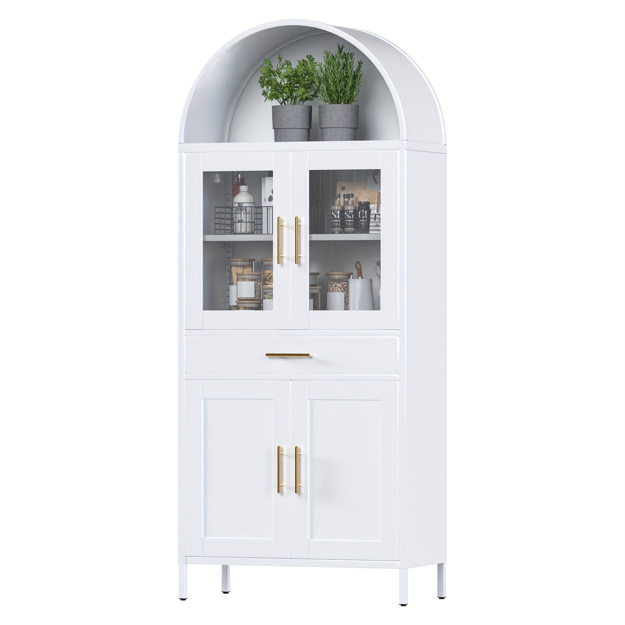 Arched Metal Storage Cabinet, Arched Display Case, Bookcase, Glass Door, Drawer, Suitable for Bathroom, Home, Office, Assembly Required (Black, White)