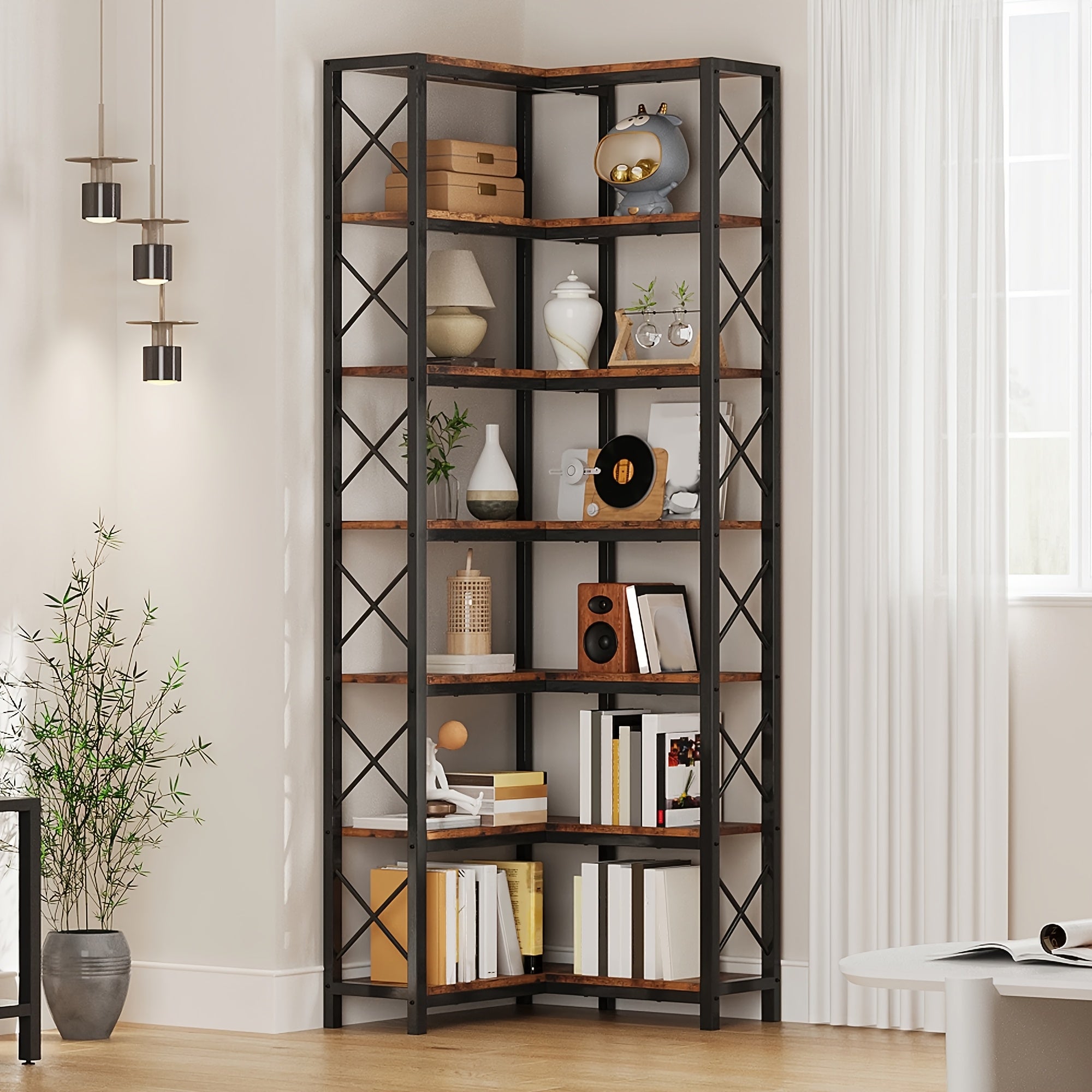 Industrial 7-Tier Corner Bookshelf, Multipurpose Metal and Wood Overhead Mounted Storage Display Rack, with Tiered Shelves for Living Room, Home Office, Utility Racks