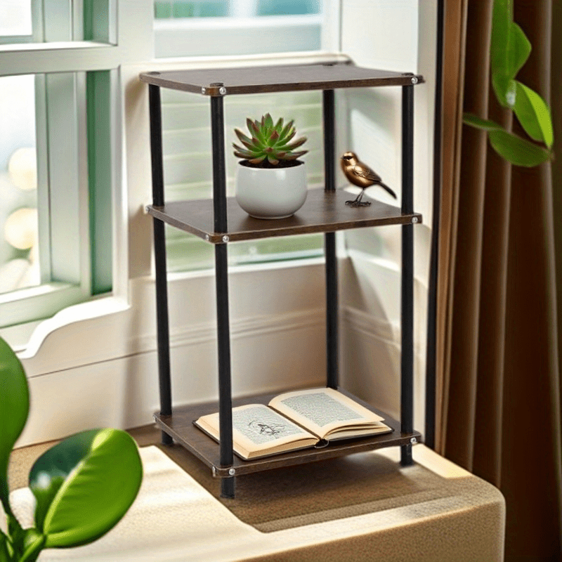 5-Story Bookcase-modern Wood And Metal Freestanding Display Stand, 27 Inch Tall Rustic Brown Storage Organizer, Suitable for Living Room, Home, Office-holds 150 Pounds, Needs Assembly, Bookcase Furnit