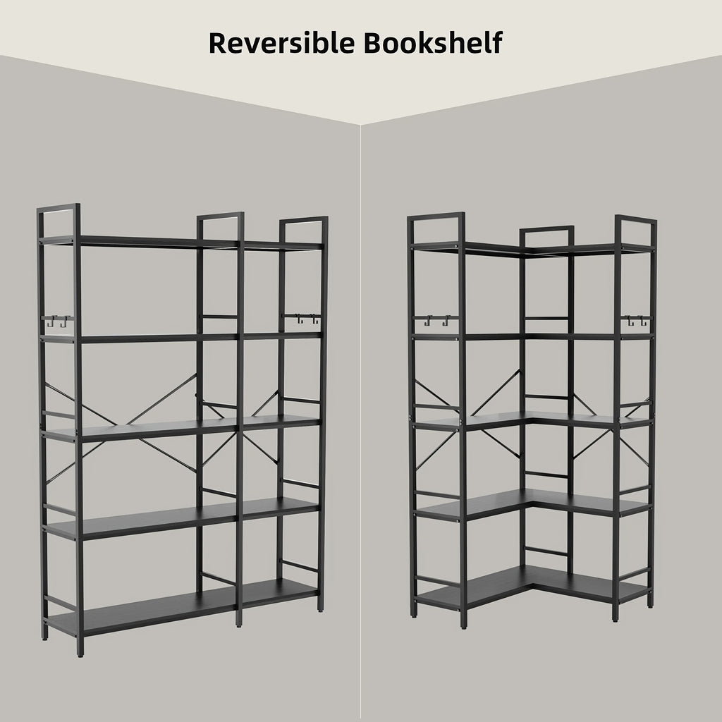 Reversible Corner Bookcase with 5 Layers, 4 Hooks, 65 Inch Industrial Style Bookcase, Suitable for Living Room