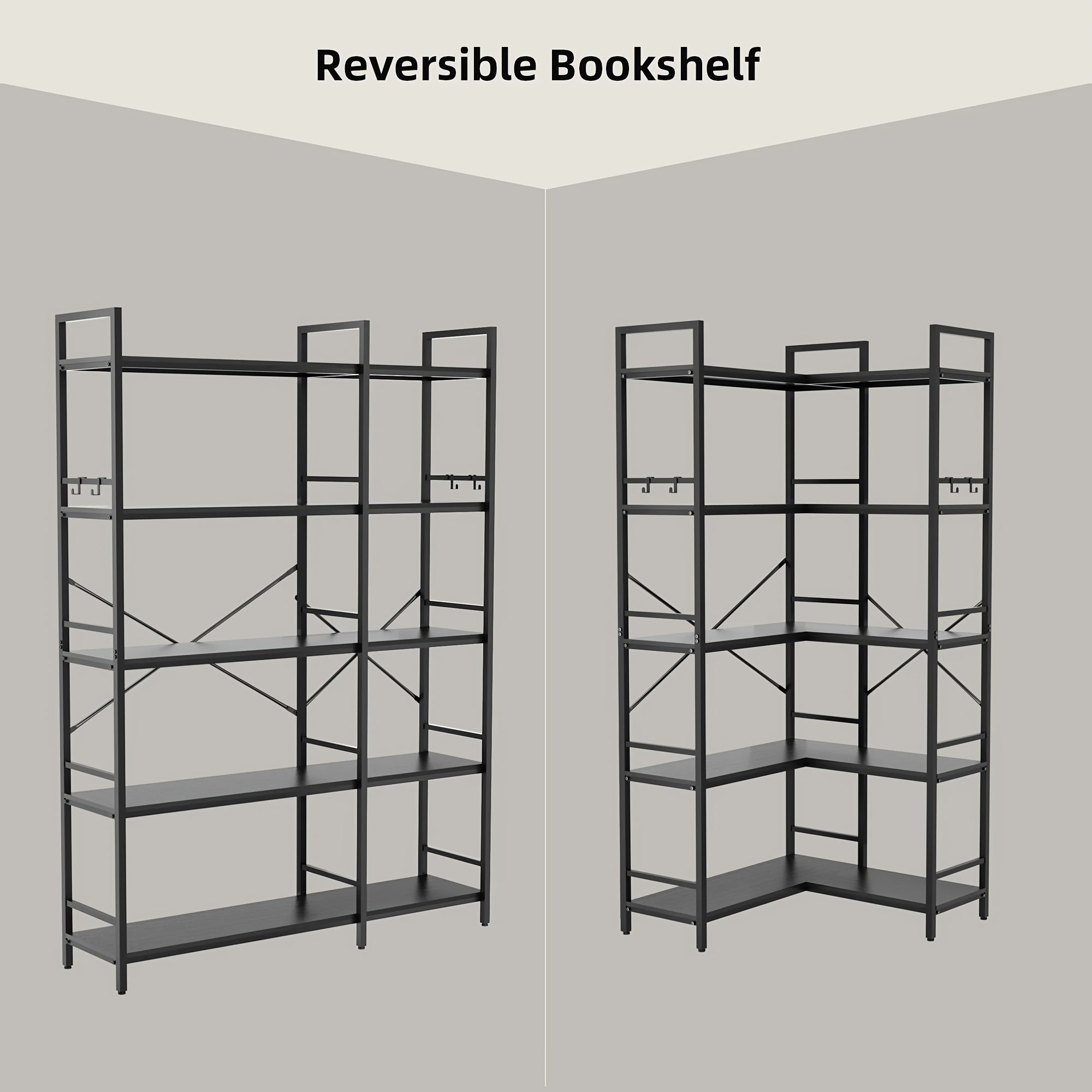 Reversible Corner Bookcase with 5 Layers, 4 Hooks, 65 Inch Industrial Style Bookcase, Suitable for Living Room