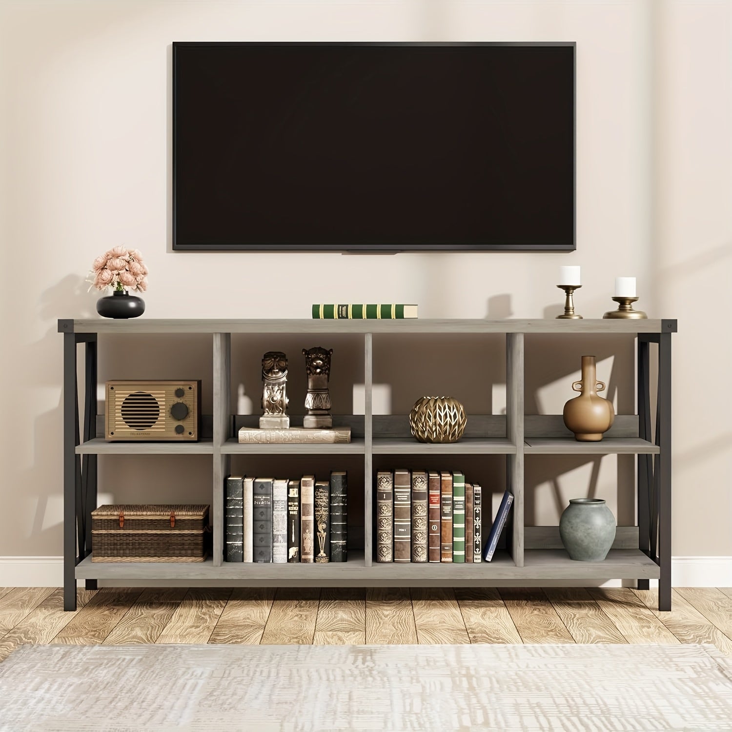 8 Cube Storage Organizer Bookshelf, 3 Tier Metal Horizontal Bookcase, 62 Inch Console Bookshelves, Industrial Storage Bookcase For Entryway, Long Low Bookshelf For Living Room-Retro Gray