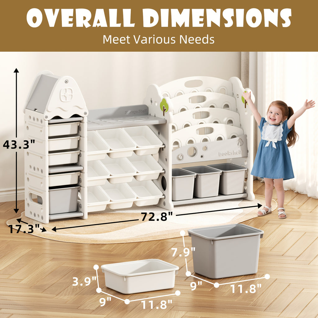 Extra Wide Kids Toy Storage Organizer with Bookcase - Large Heavy-Duty Toy Organizer, 13 Bins & 4 Box Storage, Space-Saving Bookshelf for Children's Bedroom, Playroom, Classroom - Easy-to-Clean Plastic Construction