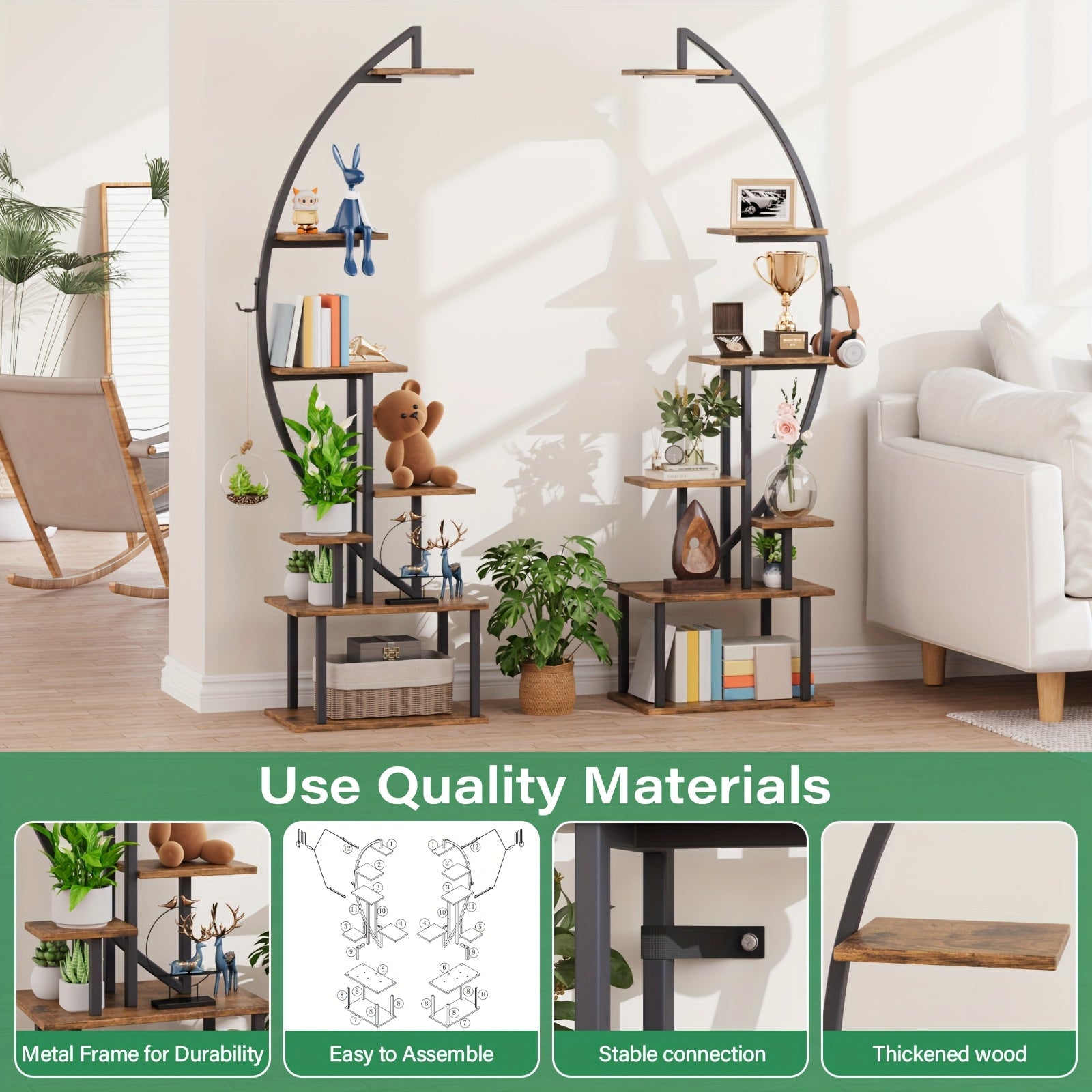 2pcs Bookshelf With Lights, 7 Tiered 65' Multi-functional Metal Black&brown Shelving Unit Wood Bookcase For Books Handicraft Decorations Frames Multiple, Corner Display Stand For Living Room Study Room Bedroom Hallway Good Choice For Gifts Home Decor