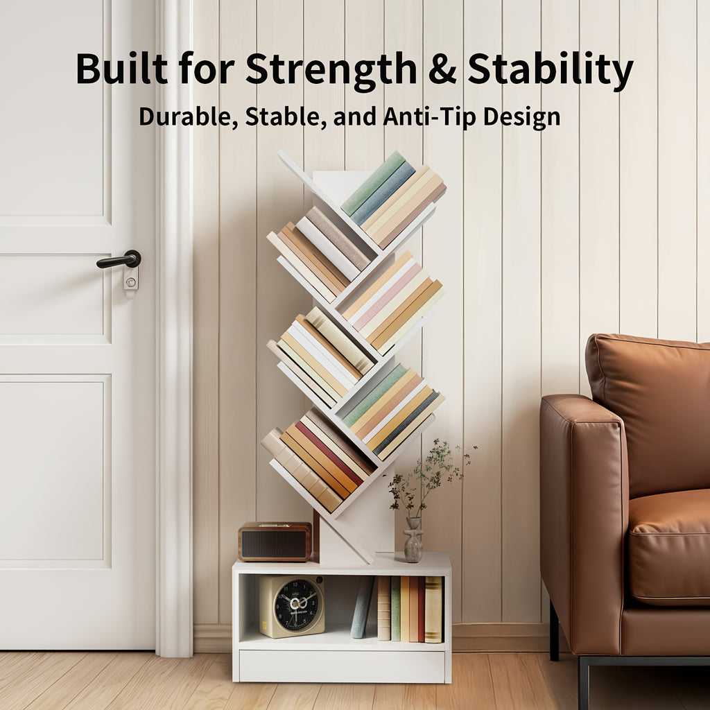 8-Tier Tall Wood Bookshelf with Drawer - Freestanding Vertical Space-Saving Design, Tip-Resistant Sturdy Wood Construction, 27\