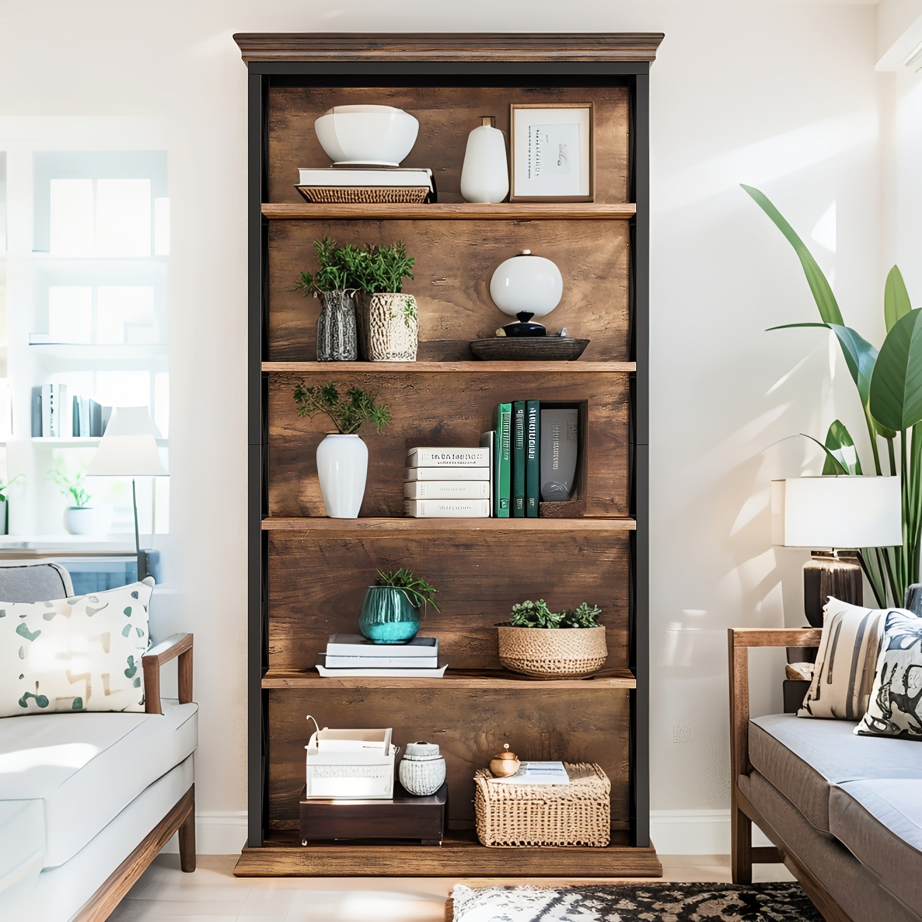 Industrial Bookshelves And Bookcases Floor Standing 6 Shelf Display Storage Shelves 70.87 In Tall Bookcase Home Decor Furniture For Home Office, Living Room, Bed Room