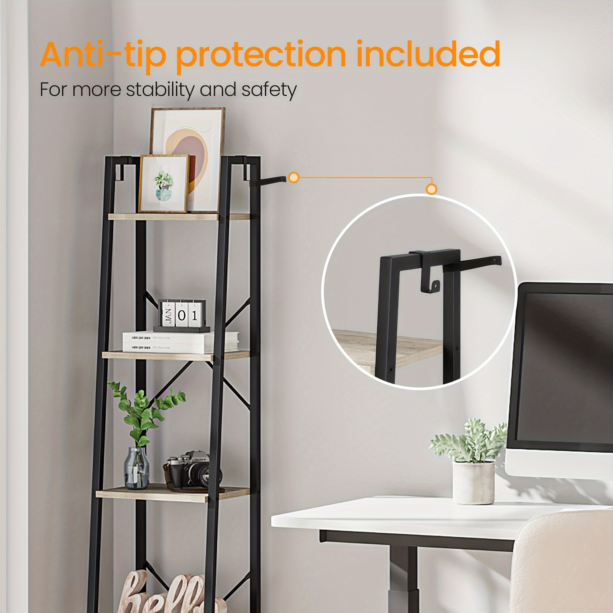 5-Tier Ladder Shelf, Narrow Bookshelf, Corner Storage Shelves, Freestanding Bookcase with 2 Hooks for Home Office, Living Room, Kitchen, Bedroom, Industrial, Greige and Black, Black, Utility Racks