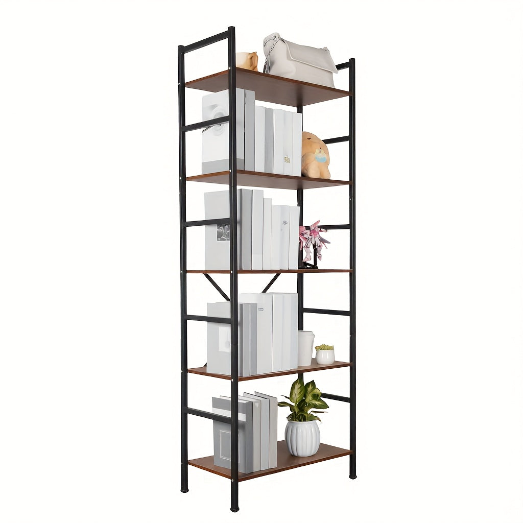 Five Layer Industrial Style Bookshelf - Retro Brown And Black Metal Frame, Stable Design, High-quality Scratch Resistant, Easy To Clean, Suitable For Offices, And Study Rooms - Easy To Assemble