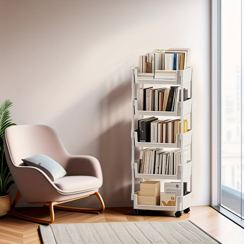 1 Piece Five-Layer Movable Bookshelf, Floor-standing Table Trolley, Easy Assembly, Suitable for Bathroom, Kitchen, Bedroom, Perfect for Organizing Books and Magazines - Fashion Design