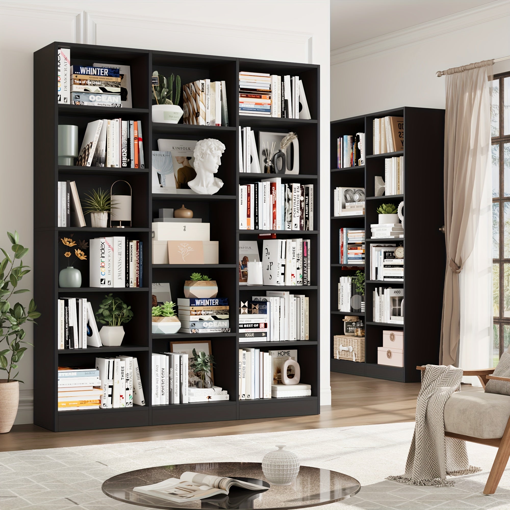 Triple Wide Bookshelf - 6-Tier 17-Shelf Solid Hardwood Bookcase, 74\