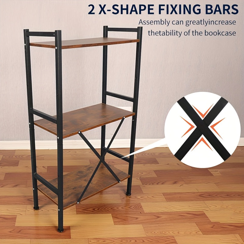 Adjustable 3-Tier Metal Bookshelf with X-Style Reinforced Shelves - Freestanding, Easy Assembly, Sturdy Black Finish for Office, Living Room, Bedroom Storage, Bookcase Furniture, Versatile Shelving Unit, Modern Aesthetic, Durable Construction