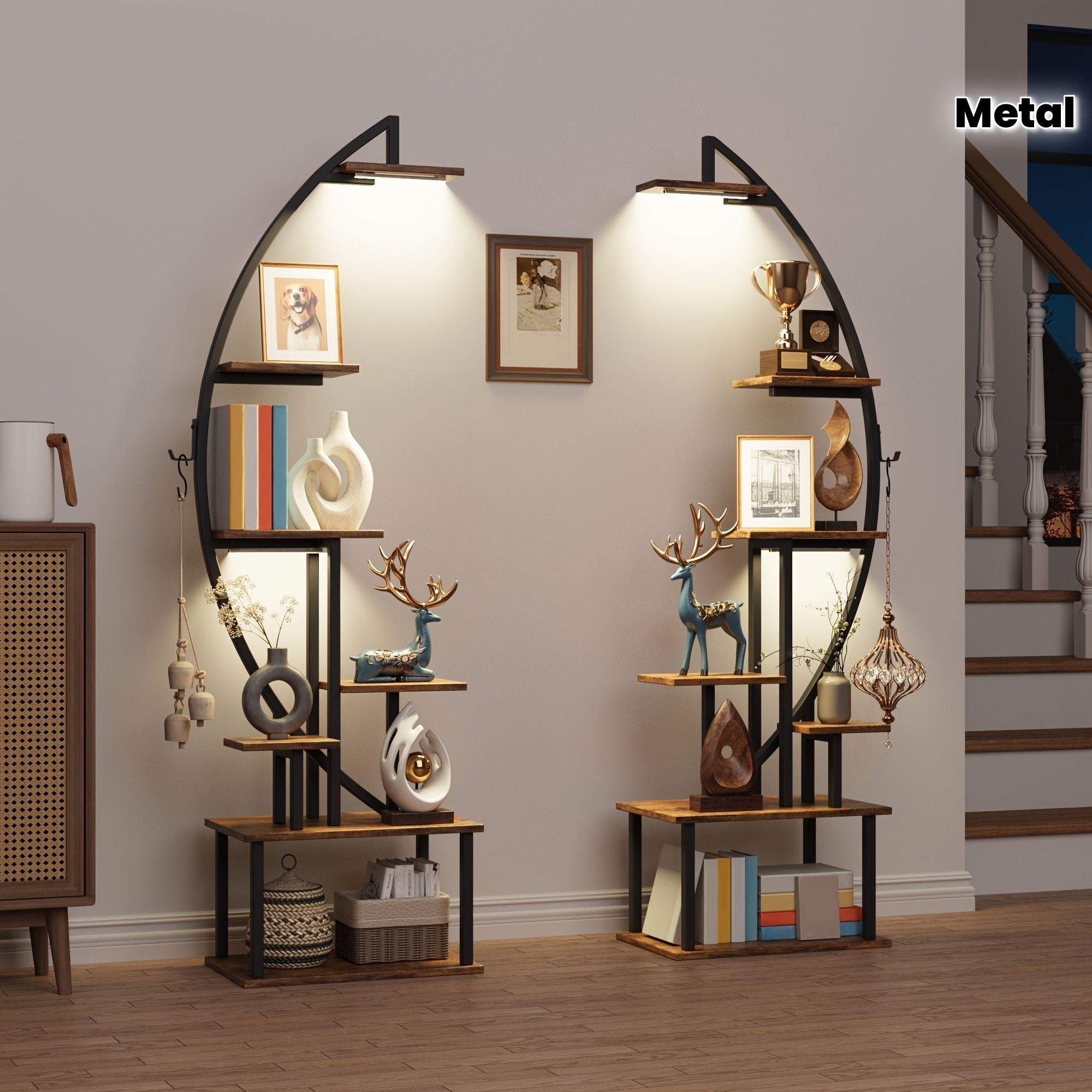 2pcs Bookshelf With Lights, 7 Tiered 65' Multi-functional Metal Black&brown Shelving Unit Wood Bookcase For Books Handicraft Decorations Frames Multiple, Corner Display Stand For Living Room Study Room Bedroom Hallway Good Choice For Gifts Home Decor