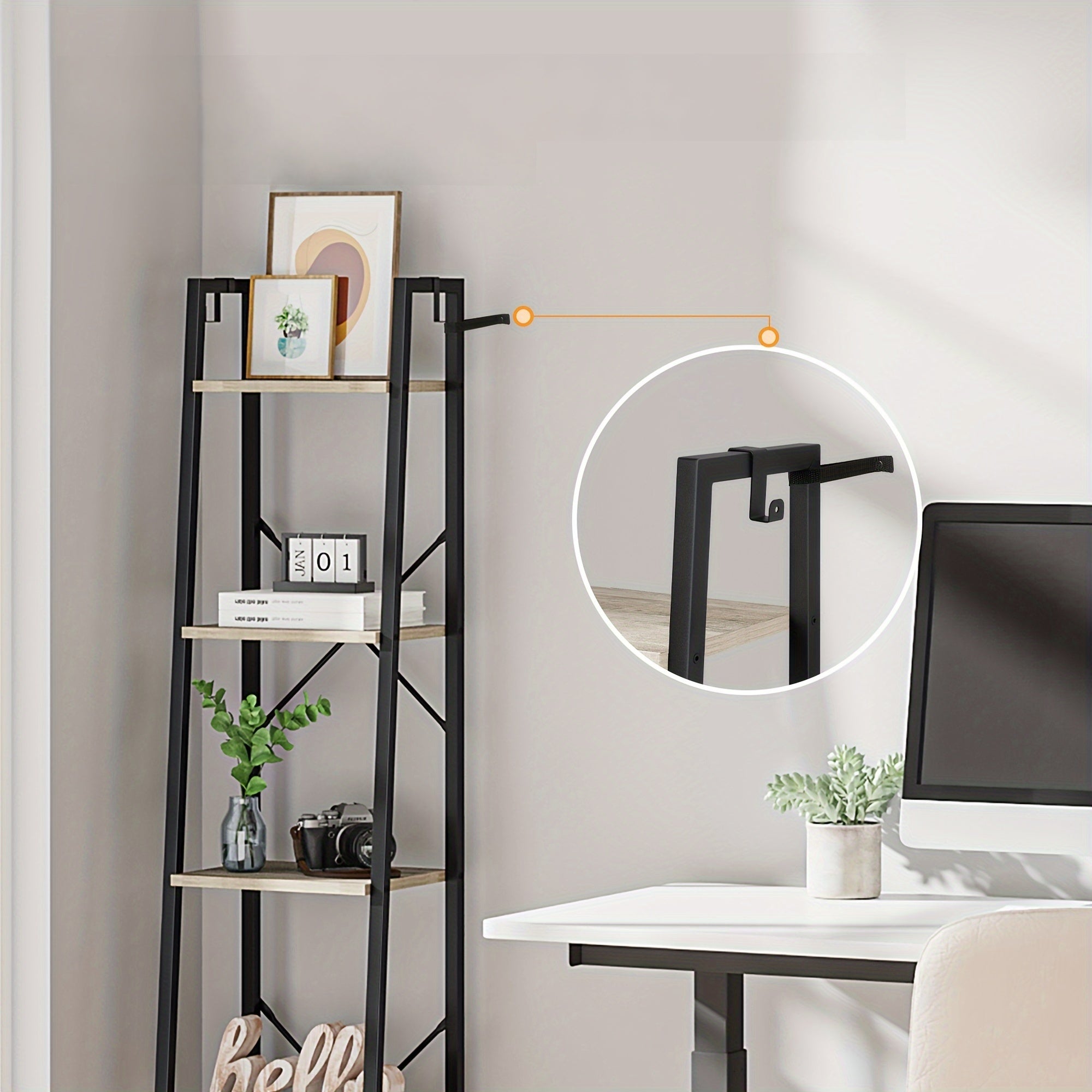 5-Tier Ladder Shelf, Narrow Bookshelf, Corner Storage Shelves, Freestanding Bookcase with 2 Hooks for Home Office, Living Room, Kitchen, Bedroom, Industrial, Greige and Black, Black, Utility Racks